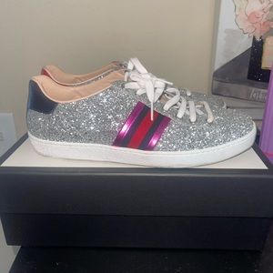 Silver Gucci Glitter Ace Sneakers. Size 8 1/2